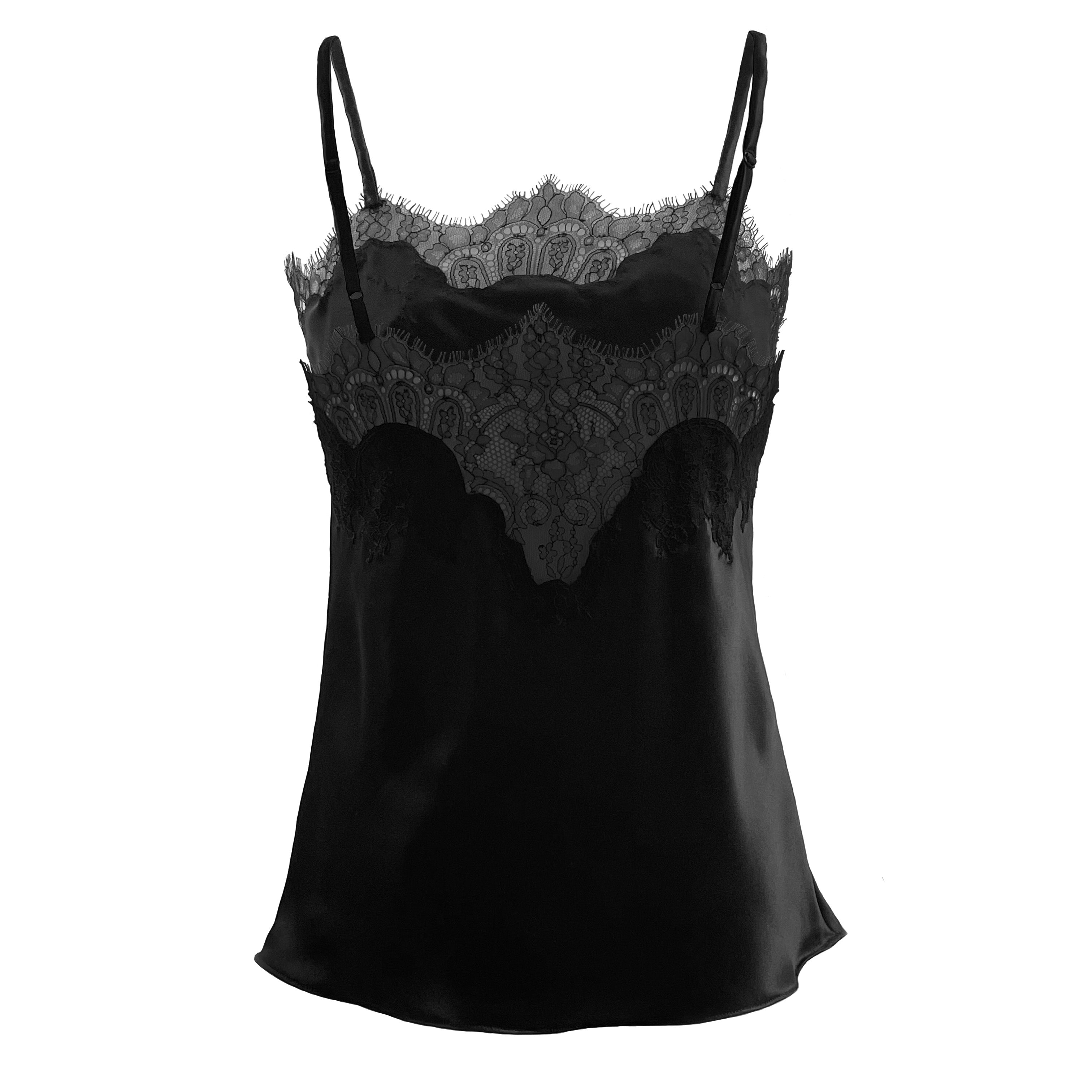 Onyx with Black Caudry Lace Silk Camisole