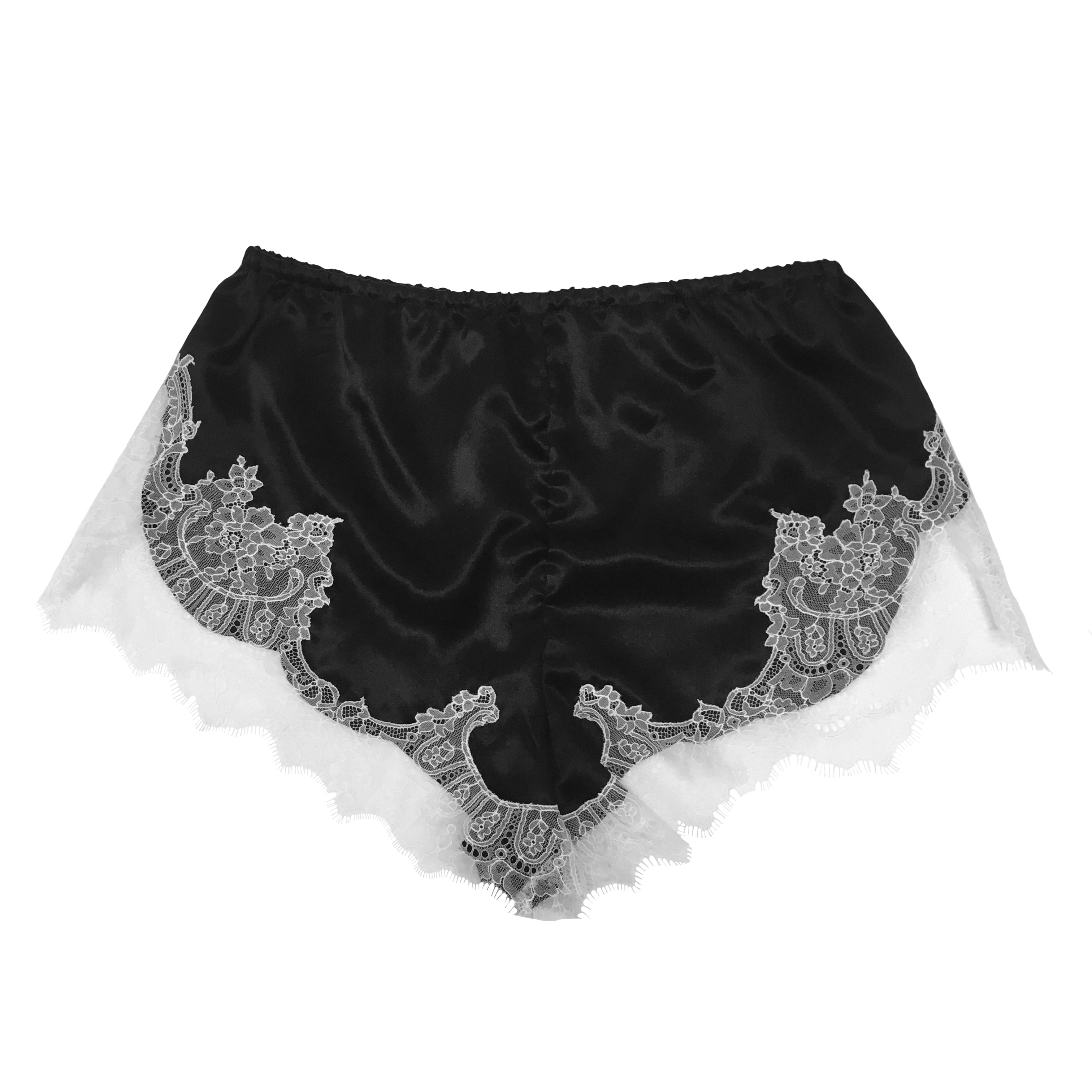 Onyx with White Caudry Lace Silk Shorts