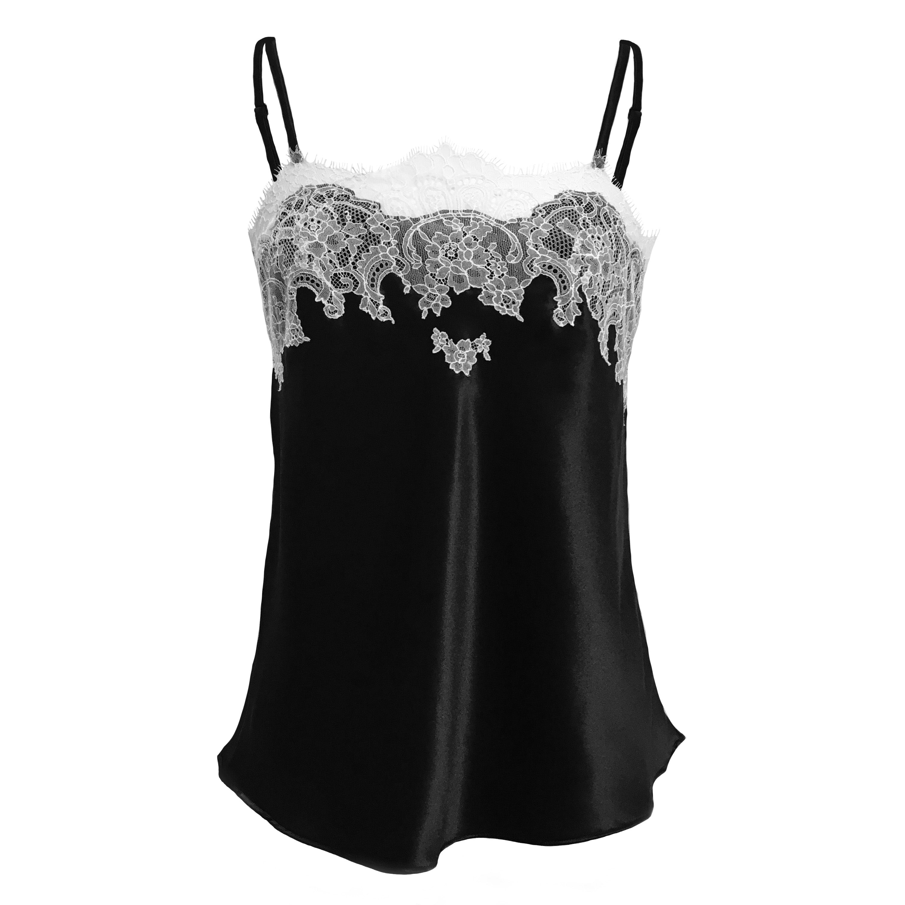 Onyx with White Caudry Lace Silk Camisole