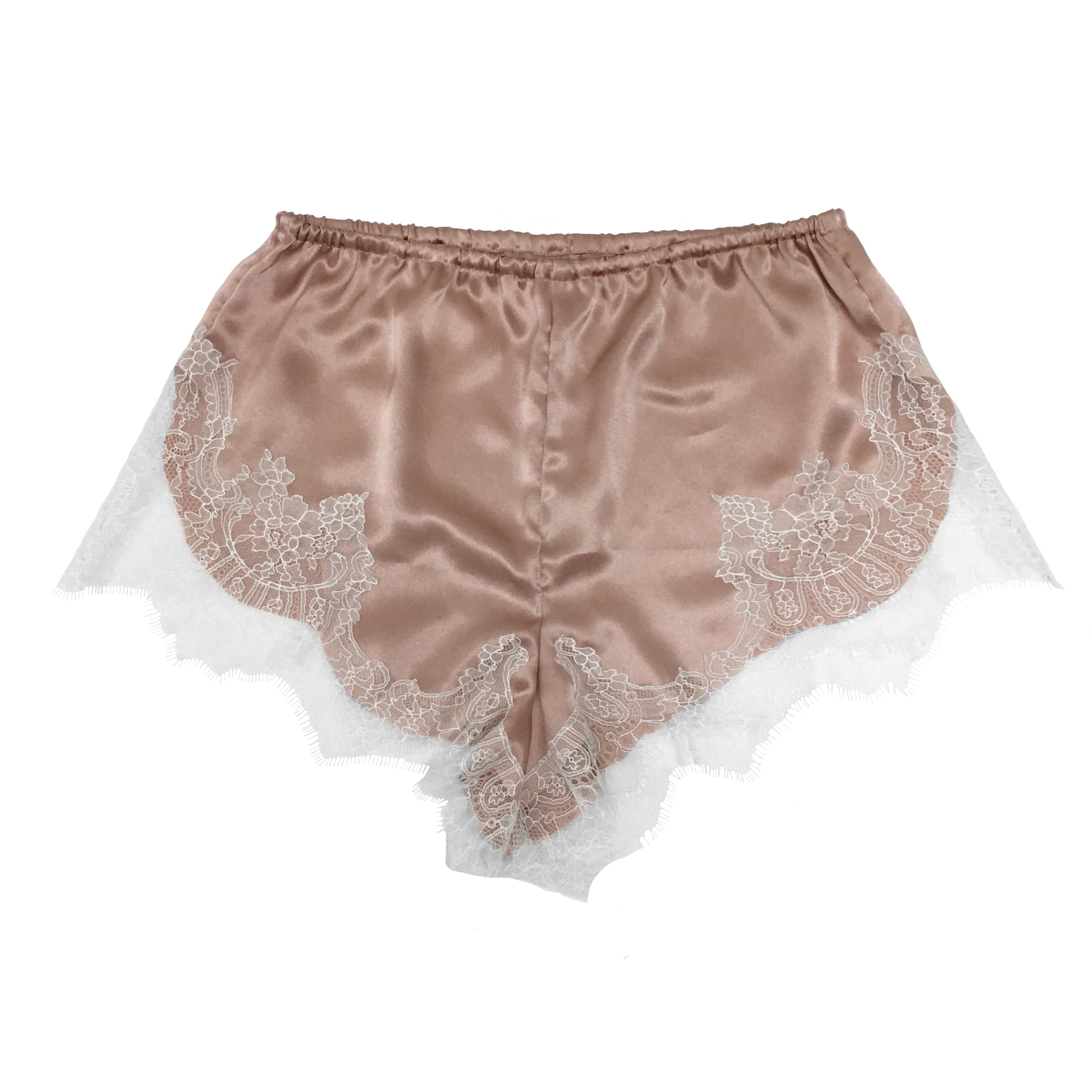 Rose with White Caudry Lace Silk Shorts