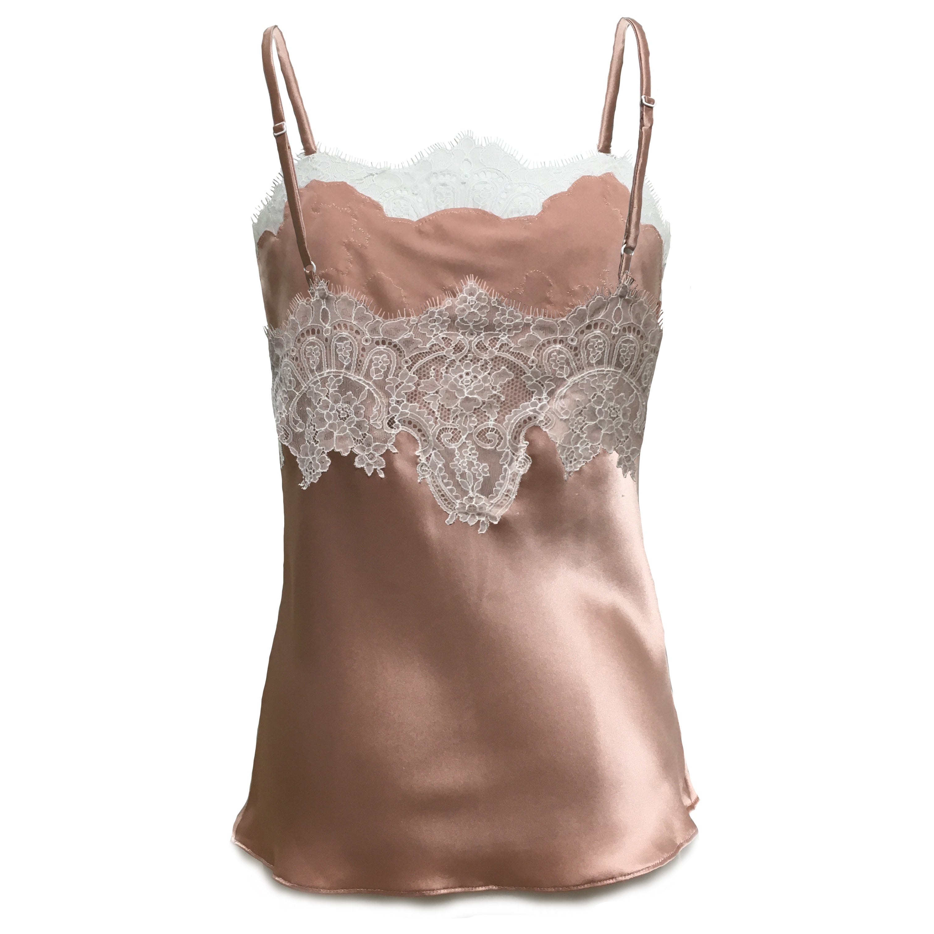 Rose with White Caudry Lace Silk Camisole