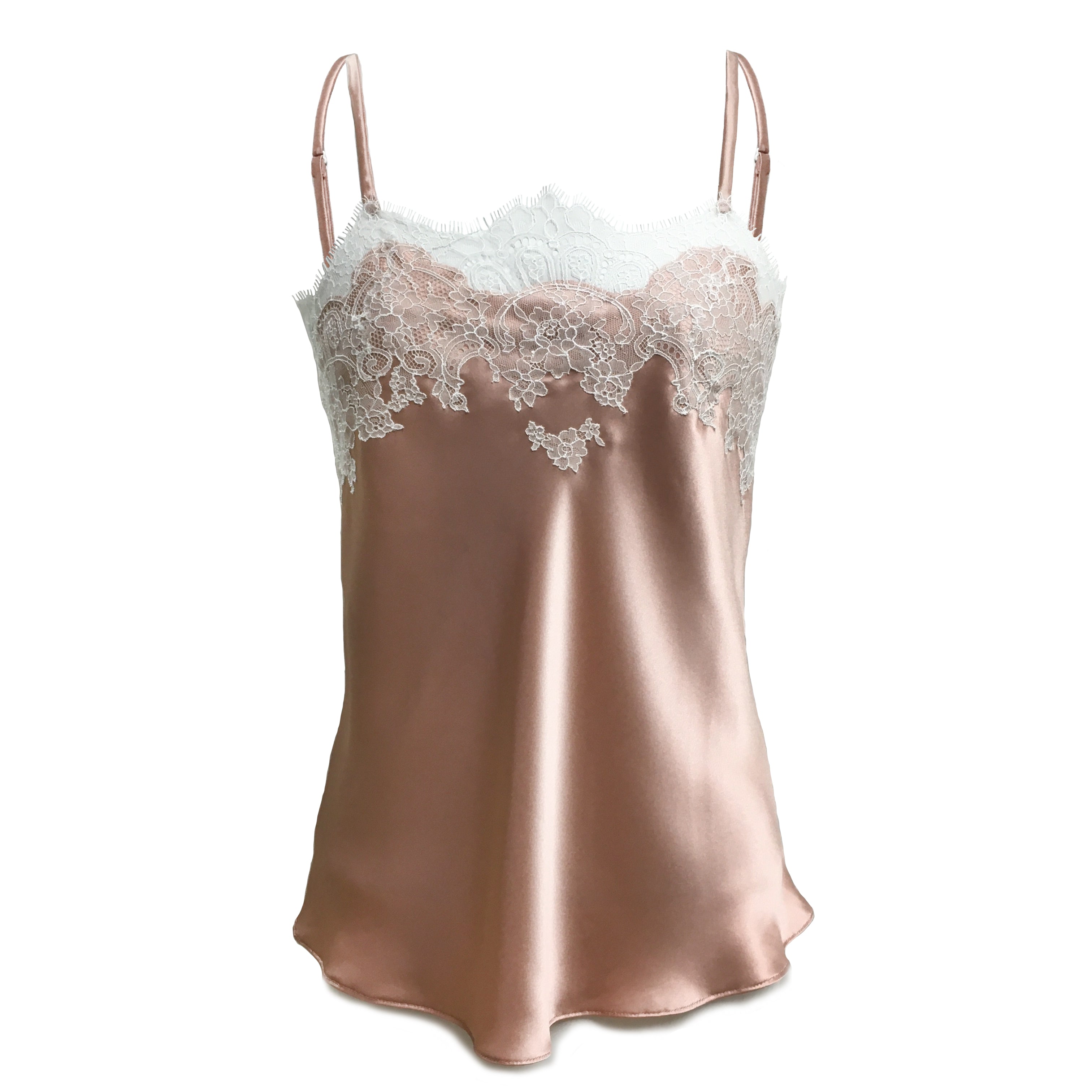 Rose with White Caudry Lace Silk Camisole