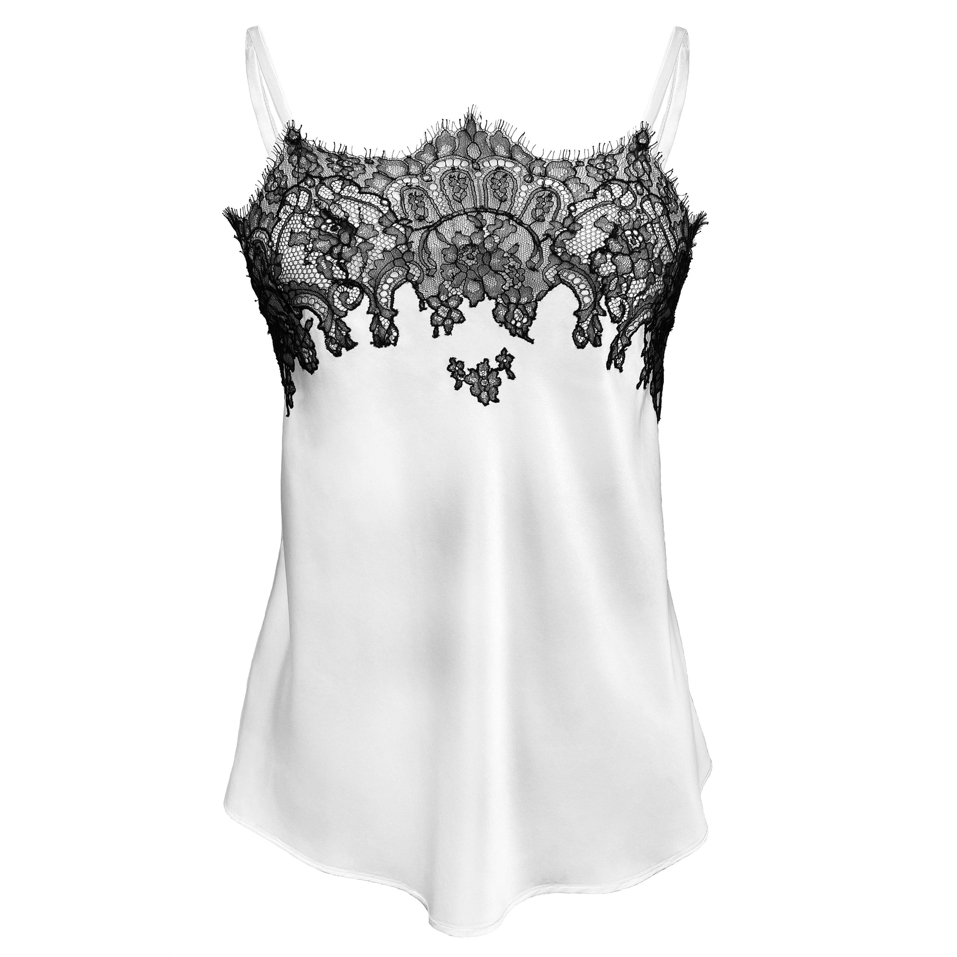 Pearl with Black Caudry Lace Silk Camisole